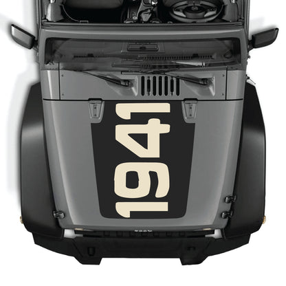 Jeep Wrangler JK JKU 2007-2018 hood decal graphic kit with 1941 design in black premium vinyl by CarCode, displayed on vehicle hood