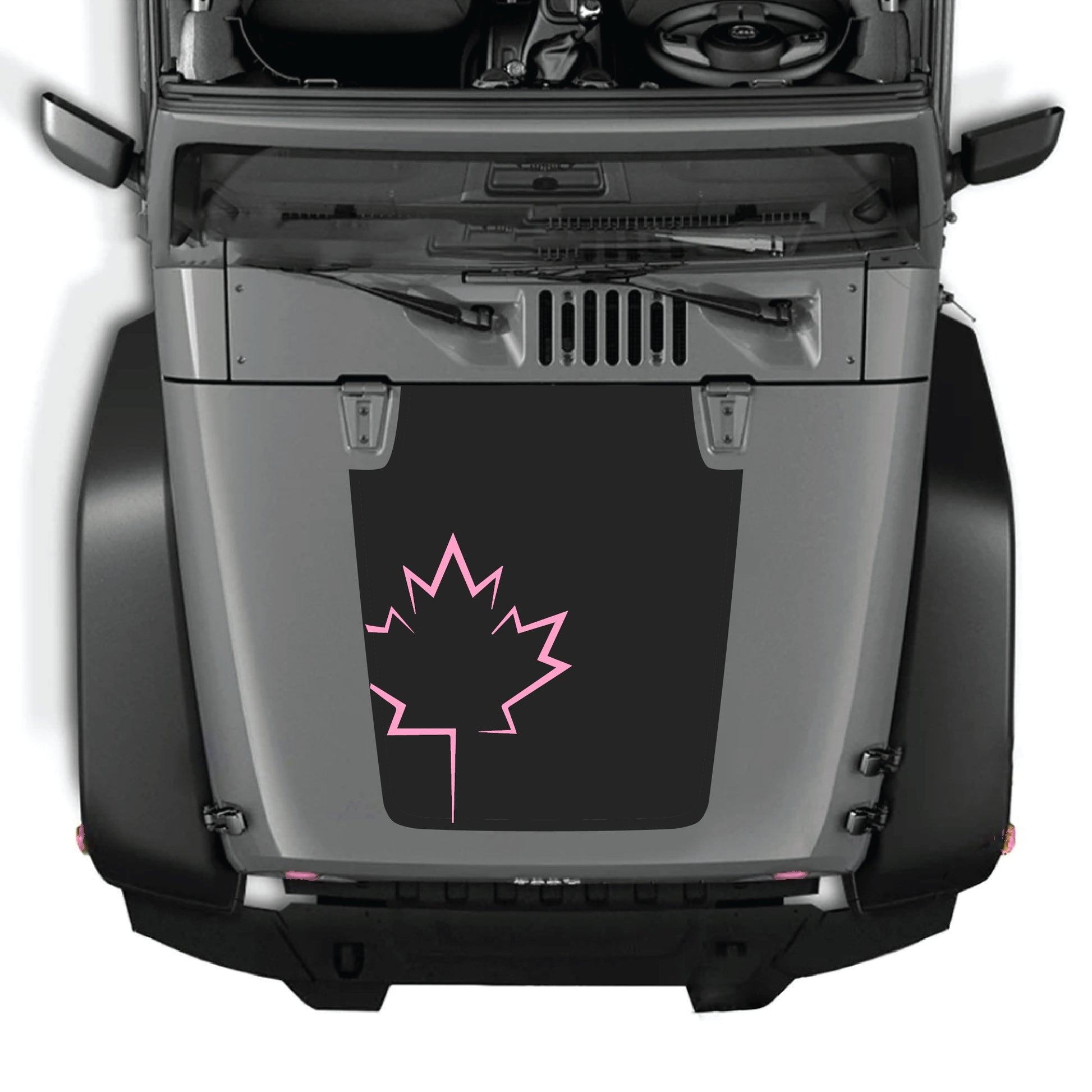 Canada leaf hood decal graphic kit for Jeep Wrangler JK JKU, made of premium vinyl, featuring bold leaf design on the hood.
