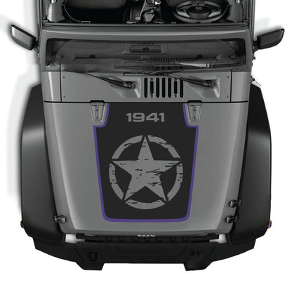 Calcomanía para el capó del Jeep Wrangler JK con un gráfico de estrella completa en vinilo blanco y negro de CarCode, para modelos 2007-2018.