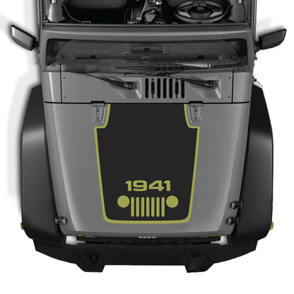 CarCode hood decal featuring a 1941 Jeep grill with border design for Jeep Wrangler JK JKU 2007-2018, made of premium vinyl.