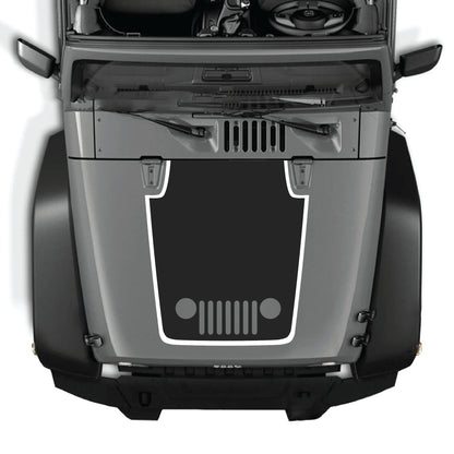 Kit gráfico de calcomanía para capó Jeep Wrangler JK JKU con diseño de rejilla de vinilo negro de CarCode, aplicado sobre el capó del vehículo.