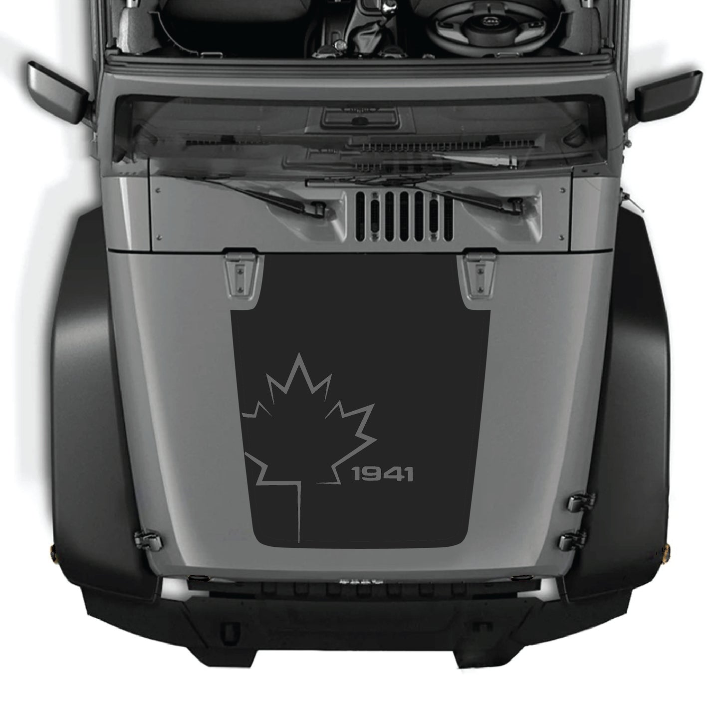 CarCode Jeep Wrangler hood decal featuring a 1941 Canada leaf graphic made of premium vinyl, suitable for JK JKU models 2007-2018.