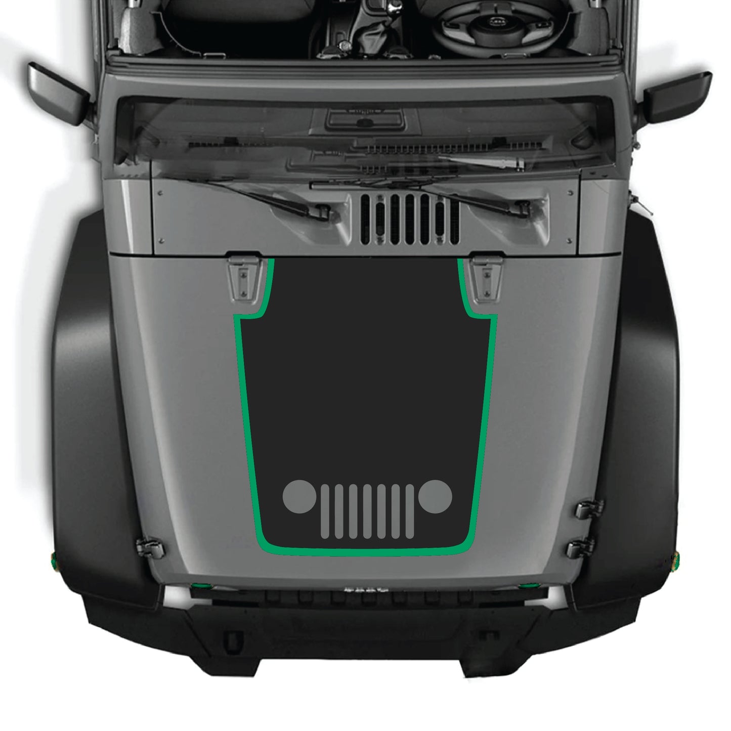 Kit gráfico de calcomanías para capó CarCode Jeep Wrangler JK JKU con vinilo premium, con diseño de parrilla llamativo en el panel del capó.