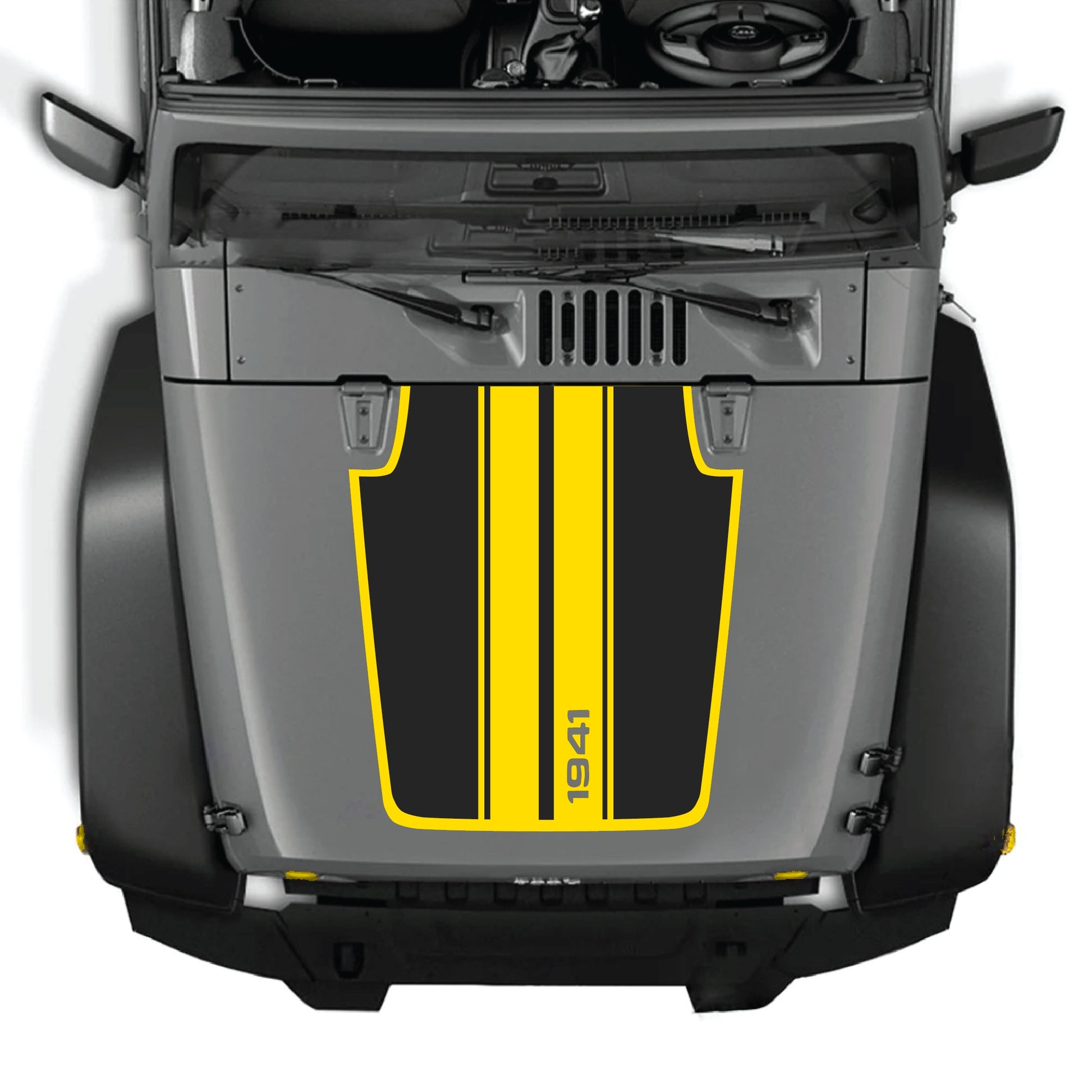 Calcomanía para el capó Jeep Wrangler JK con kit gráfico de franjas 1941 en vinilo blanco y negro, diseñada para modelos 2007-2018.