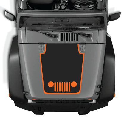 Jeep Wrangler JK JKU hood decal kit with center grill and border design, made of premium vinyl by CarCode, shown on vehicle hood.