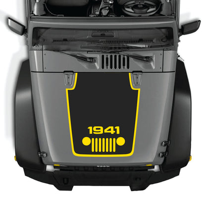 Jeep Wrangler JK JKU hood decal featuring a 1941 grill border graphic in premium vinyl by CarCode, centered on the hood.
