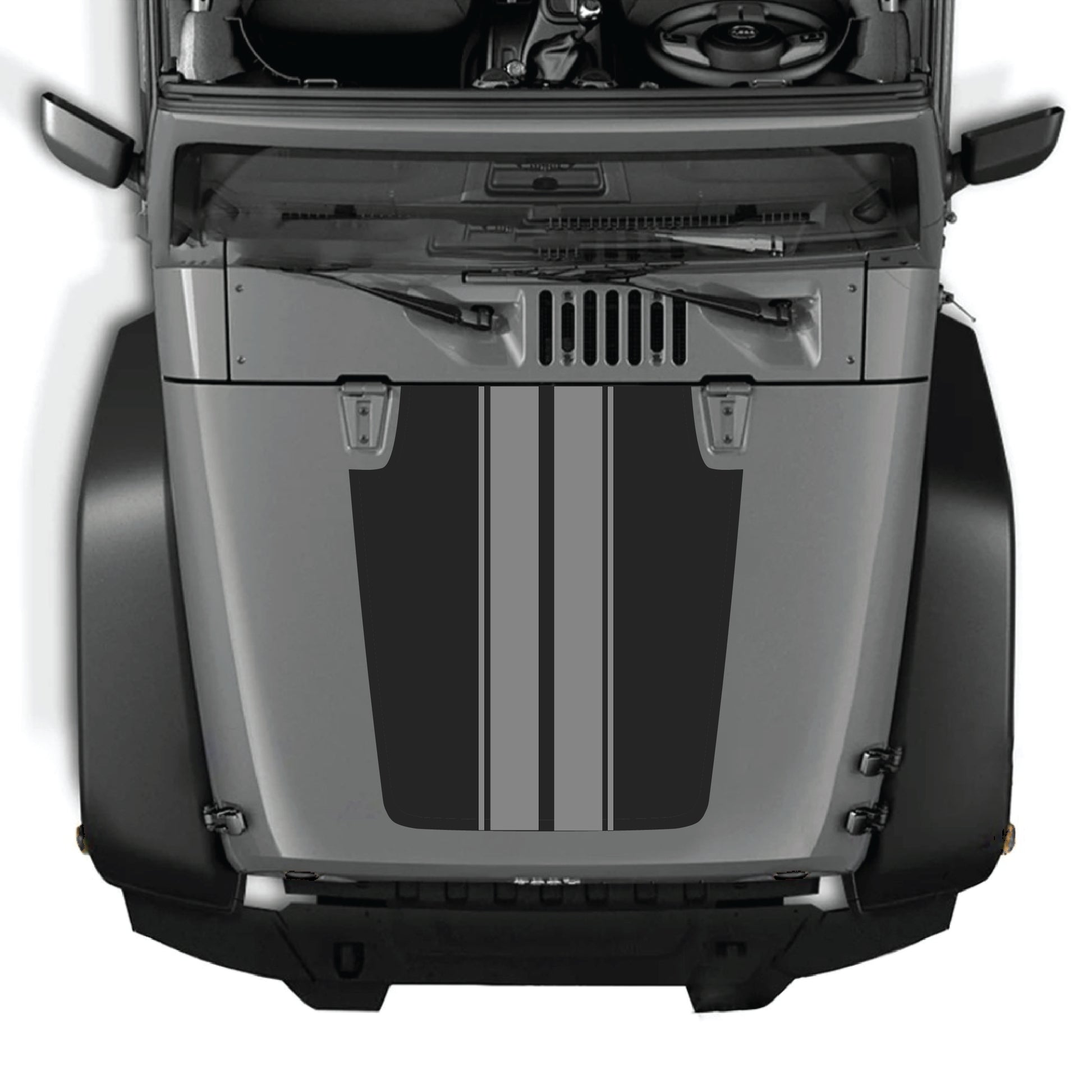 Jeep Wrangler JK JKU hood decal with black and white stripe graphic kit by CarCode, made of premium vinyl for a bold look.