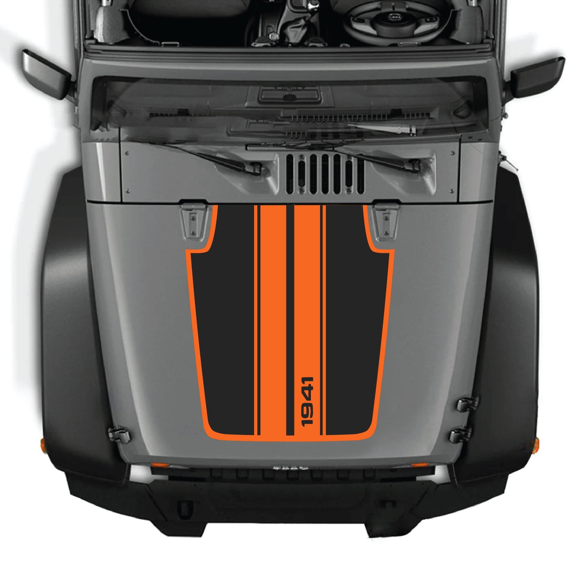 Jeep Wrangler JK hood decal featuring 1941 stripes with border graphic, made of premium vinyl by CarCode.