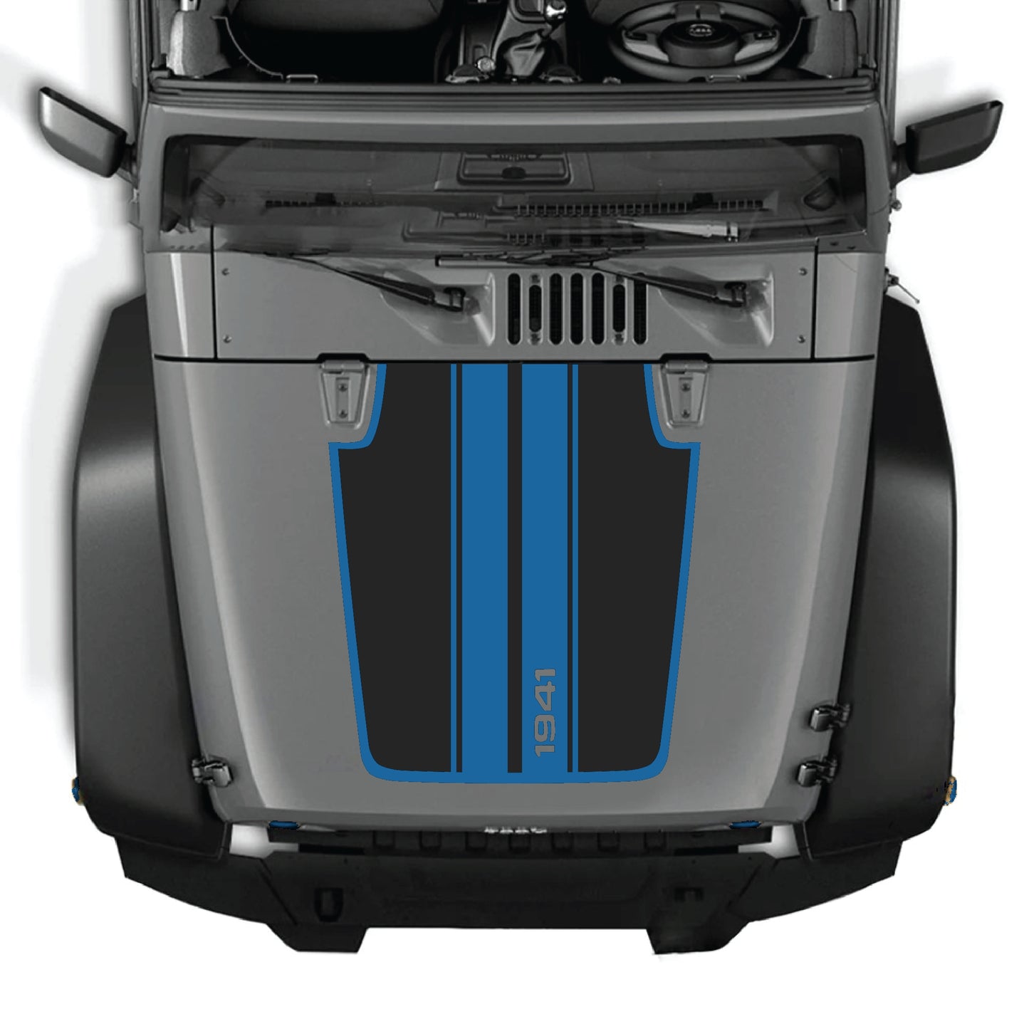o
Calcomanía para capó Jeep Wrangler JK con kit gráfico de franja 1941 en vinilo blanco y negro, diseñada para modelos 2007-2018.