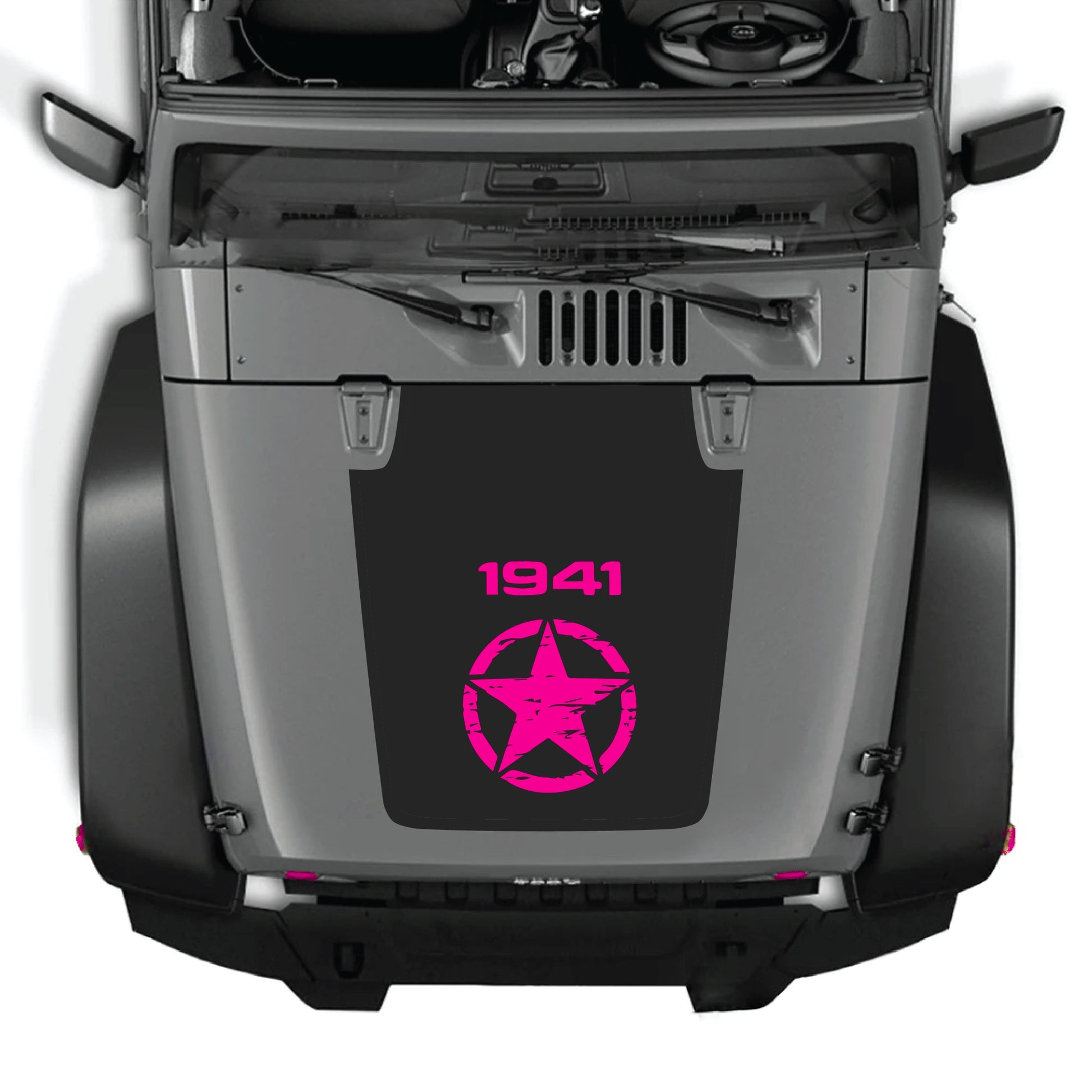 Jeep Wrangler JK hood decal with a centered star graphic in black premium vinyl, for 2007-2018 models.