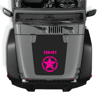Jeep Wrangler JK hood decal with a centered star graphic in black premium vinyl, for 2007-2018 models.