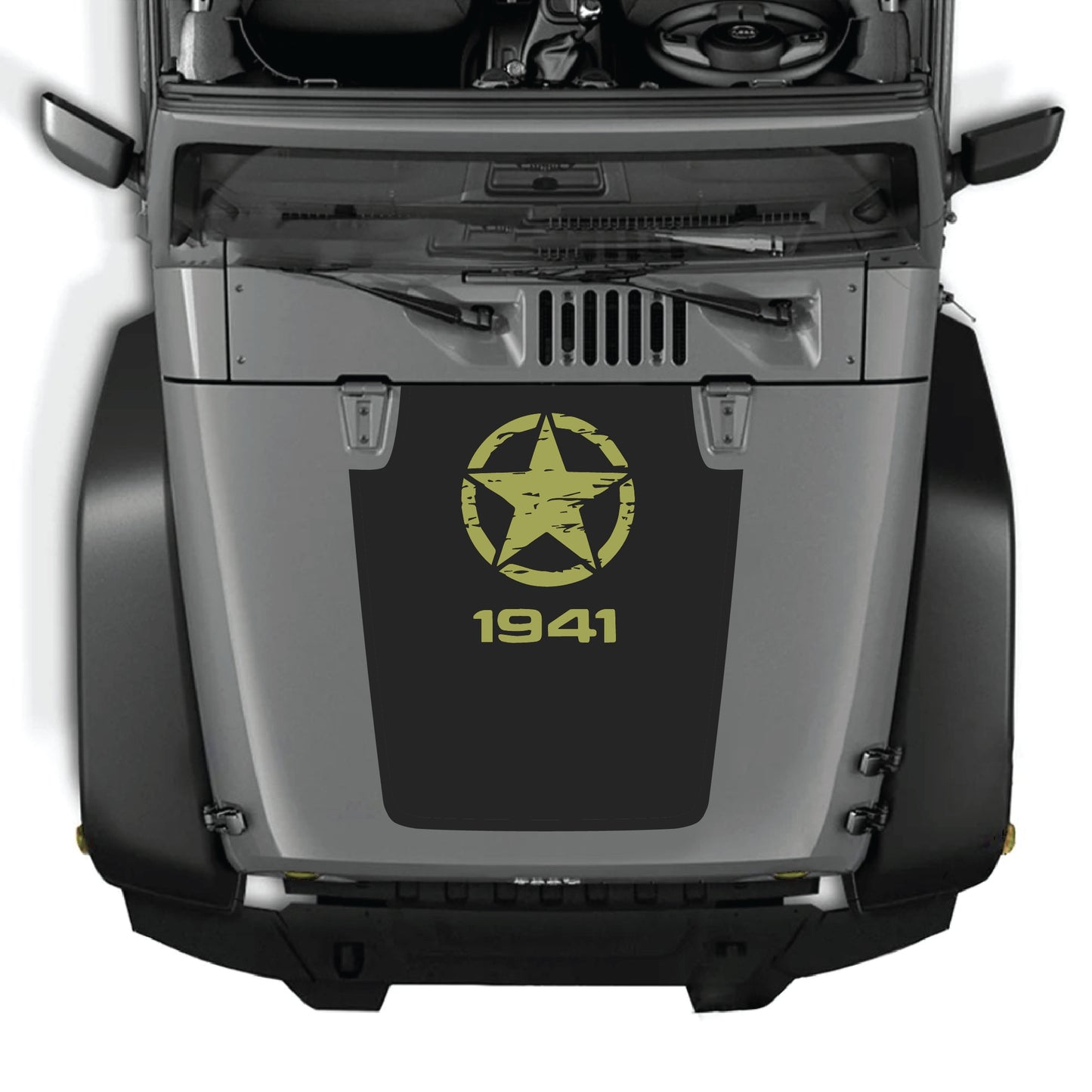 Jeep Wrangler JK JKU hood decal featuring a top star graphic in black vinyl from CarCode's 1941 decal graphic kit.