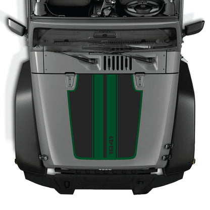 Jeep Wrangler JK hood decal with 1941 stripes and border graphic, made of premium vinyl by CarCode.