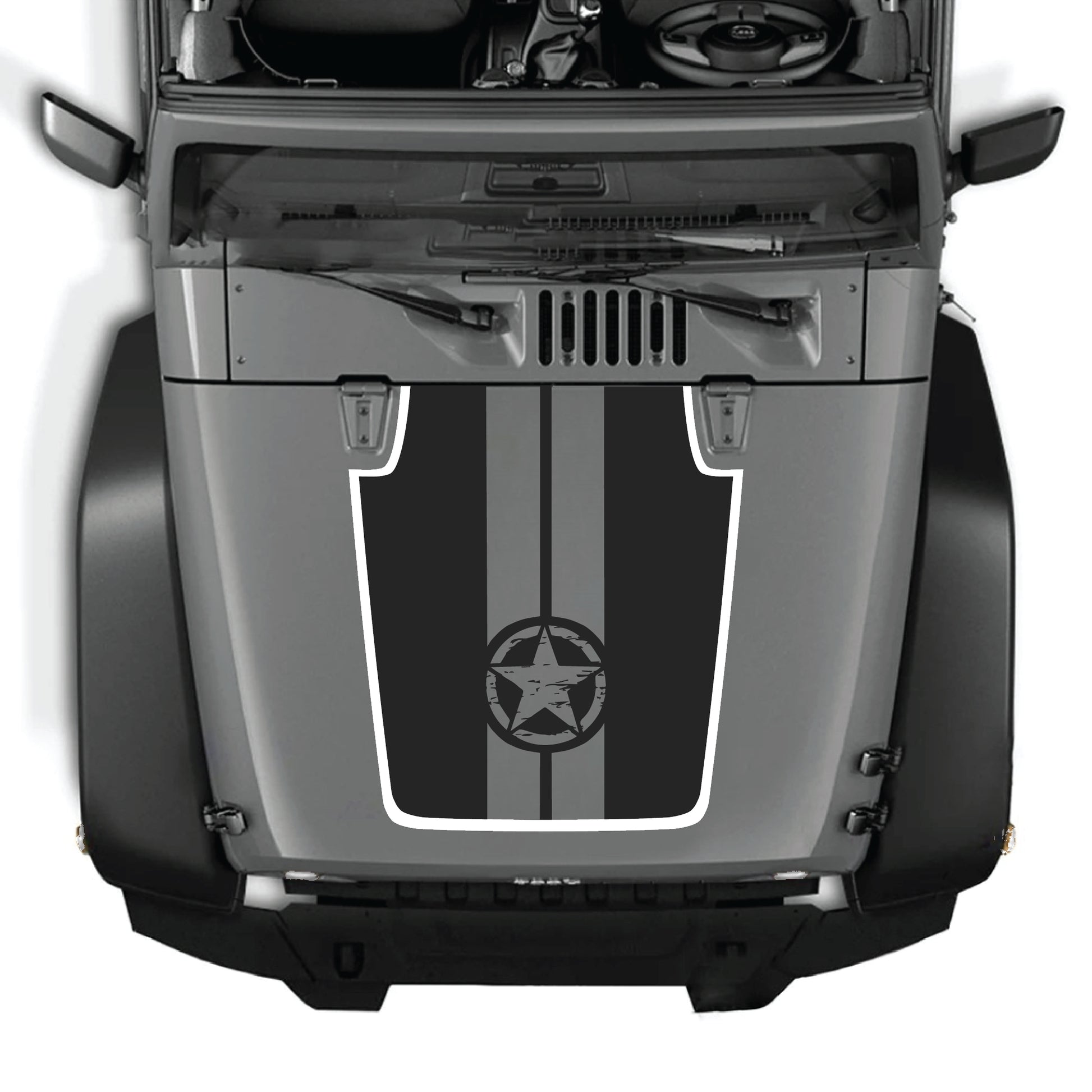 Calcomanía para el capó Jeep Wrangler JK JKU de CarCode con diseño de estrella y rayas en vinilo premium, para un estilo personalizado y llamativo.