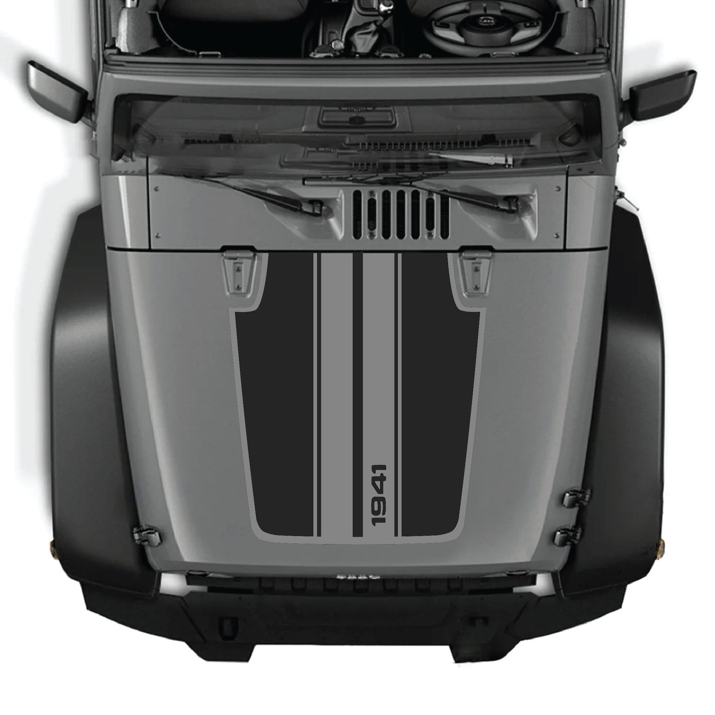 Jeep Wrangler JK hood decal featuring 1941 stripes with border design, made of premium vinyl by CarCode.