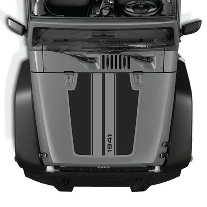 Jeep Wrangler JK hood decal featuring 1941 stripes with border design, made of premium vinyl by CarCode.