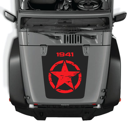 Jeep Wrangler JK full star hood decal by CarCode, durable vinyl graphic kit for 2007-2018 models, stylish automotive decor.