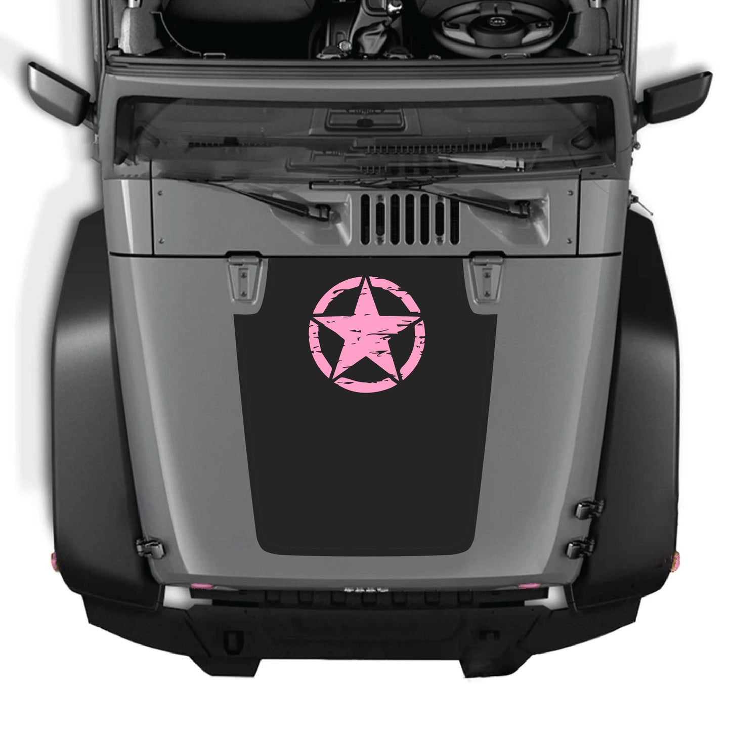 Jeep Wrangler JK hood decal with top star graphic from CarCode, made of premium vinyl, applied on the vehicle's hood.