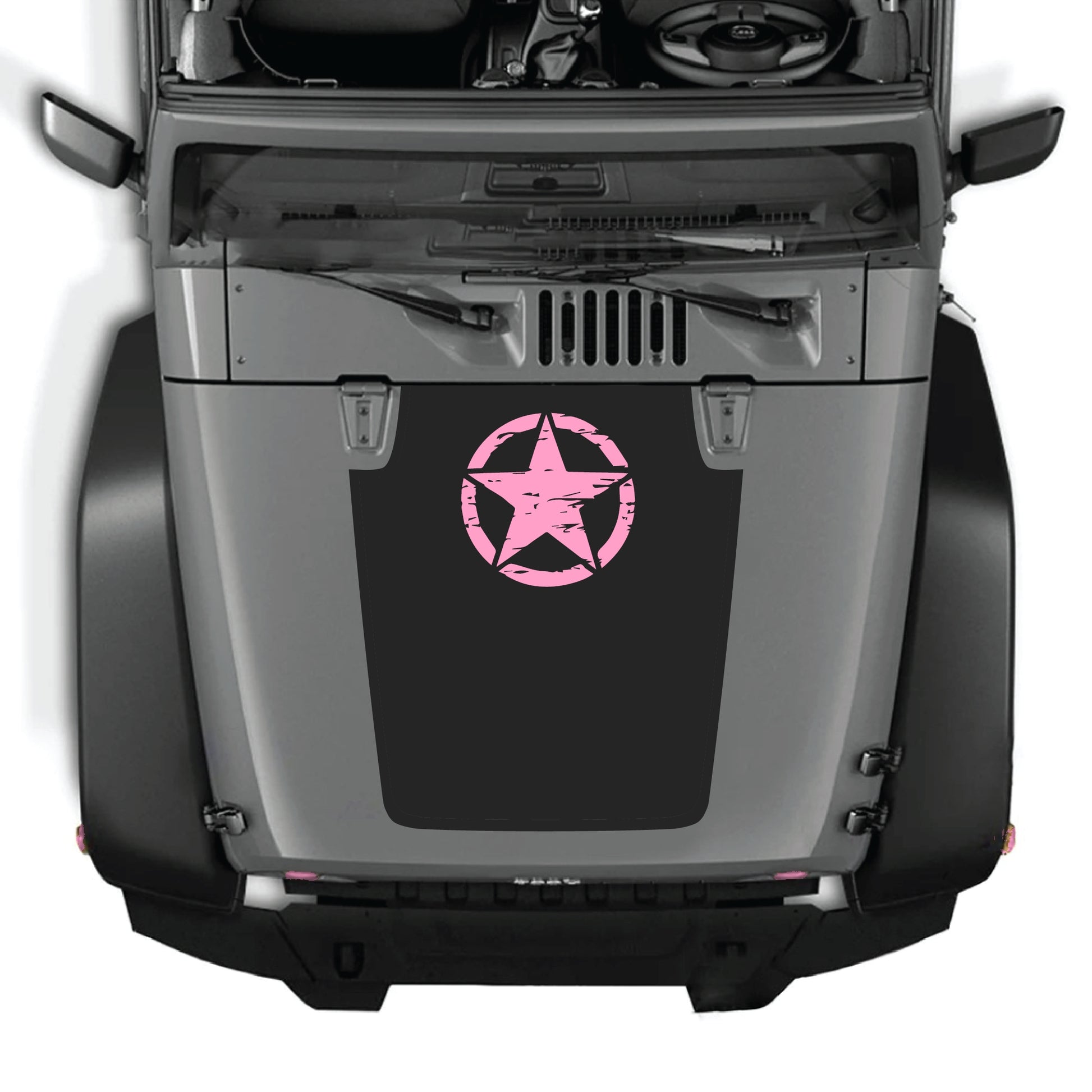Jeep Wrangler JK hood decal with top star graphic from CarCode, made of premium vinyl, applied on the vehicle's hood.