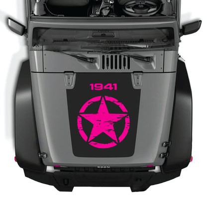 Jeep Wrangler JK JKU 2007-2018 hood decal with full star graphic, premium vinyl CarCode sticker for customization and style.