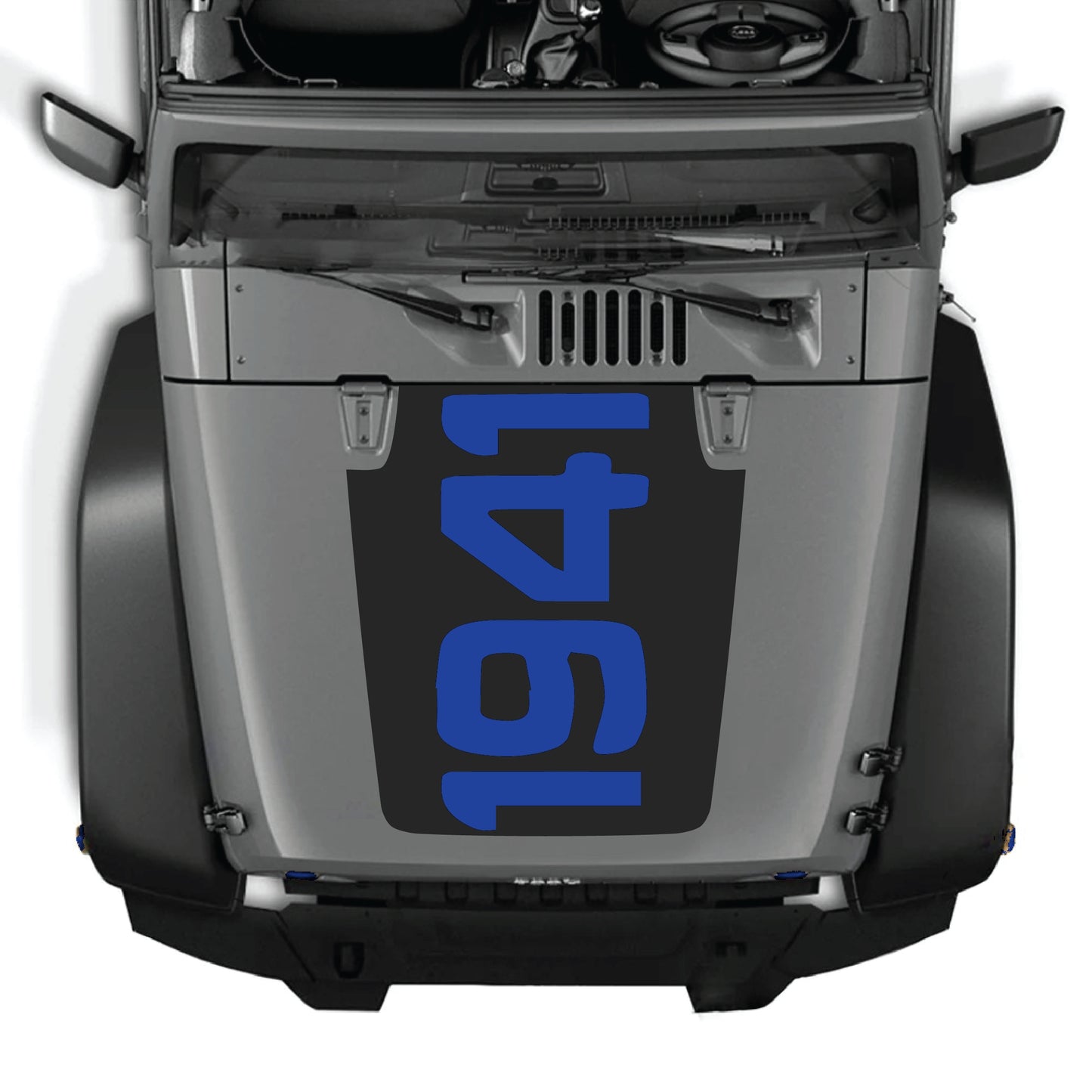CarCode 1941 hood decal graphic kit on a Jeep Wrangler JK JKU, made of premium vinyl, featuring vintage style design.
