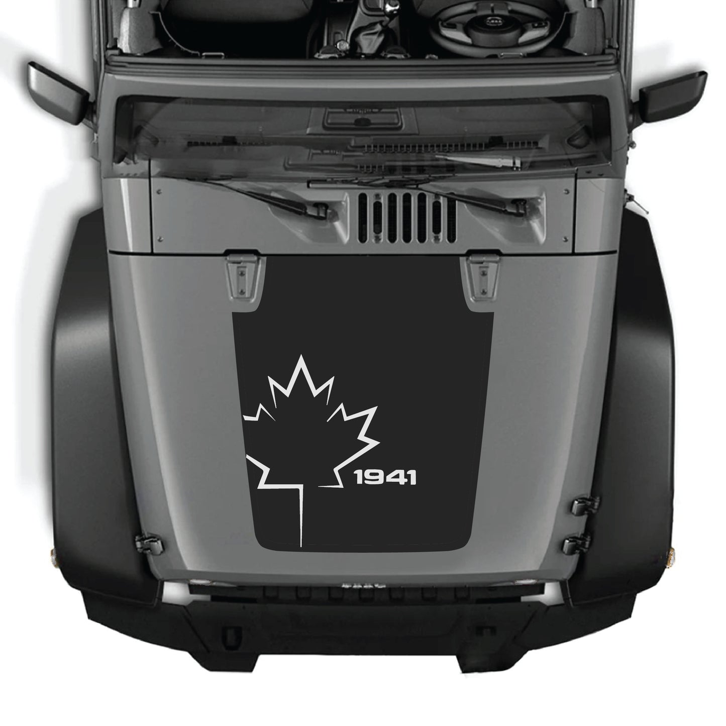 CarCode Canada leaf hood decal for Jeep Wrangler JK JKU 2007-2018, premium vinyl sticker with 1941 graphic design.
