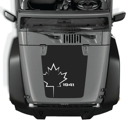 CarCode Canada leaf hood decal for Jeep Wrangler JK JKU 2007-2018, premium vinyl sticker with 1941 graphic design.