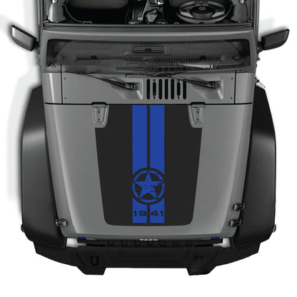 Jeep Wrangler JK hood decal with 1941 star and stripes graphic in black and white vinyl by CarCode, designed for 2007-2018 models.