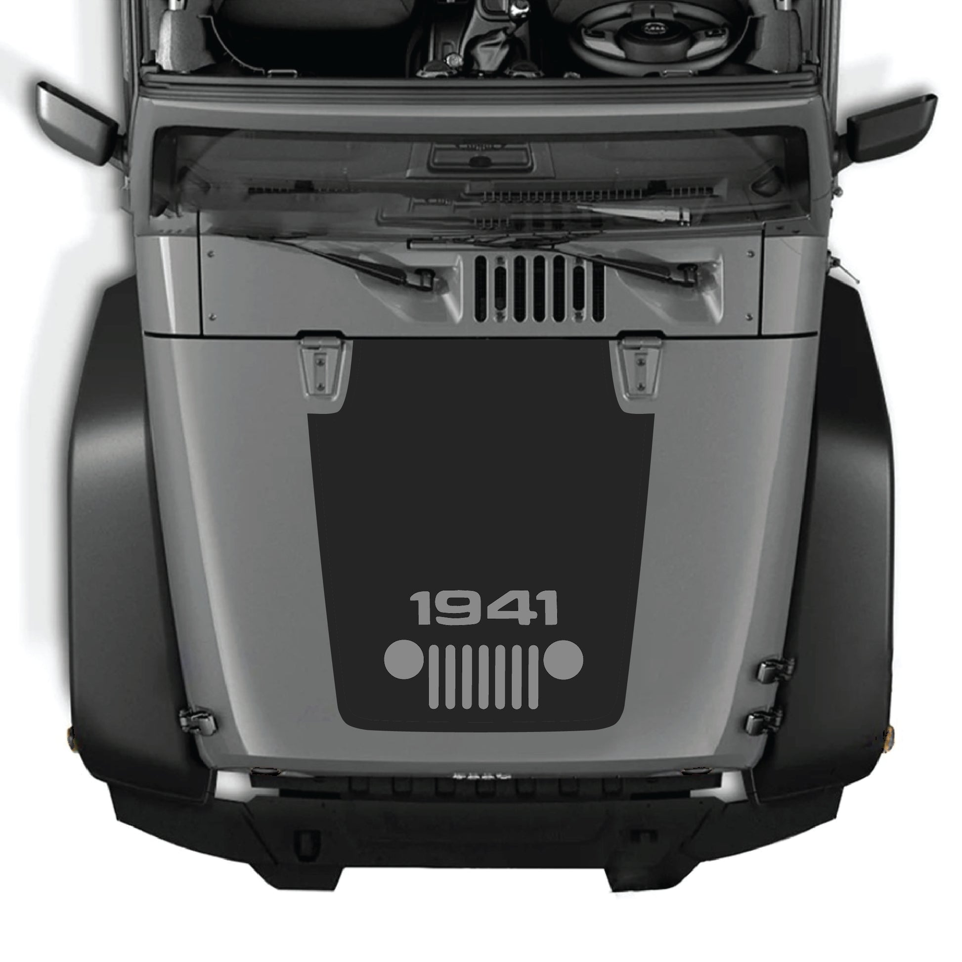 Jeep Wrangler JK JKU hood decal with 1941 grill graphic from CarCode, premium vinyl sticker for center hood decoration.