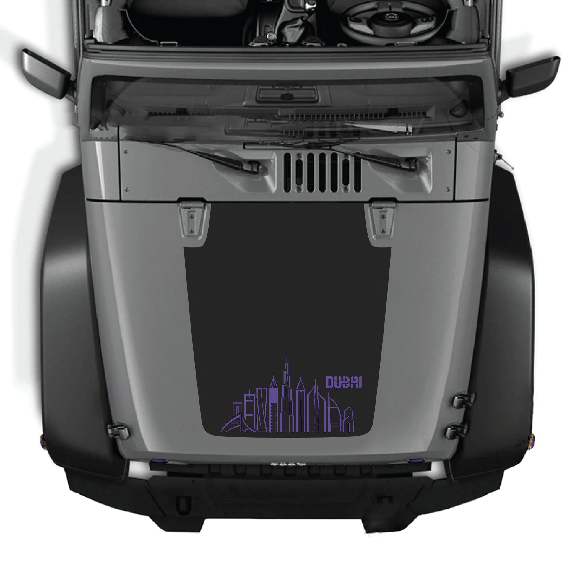 CarCode Dubai hood decal graphic kit on Jeep Wrangler JK JKU 2007-2018, featuring premium vinyl design on the hood panel.