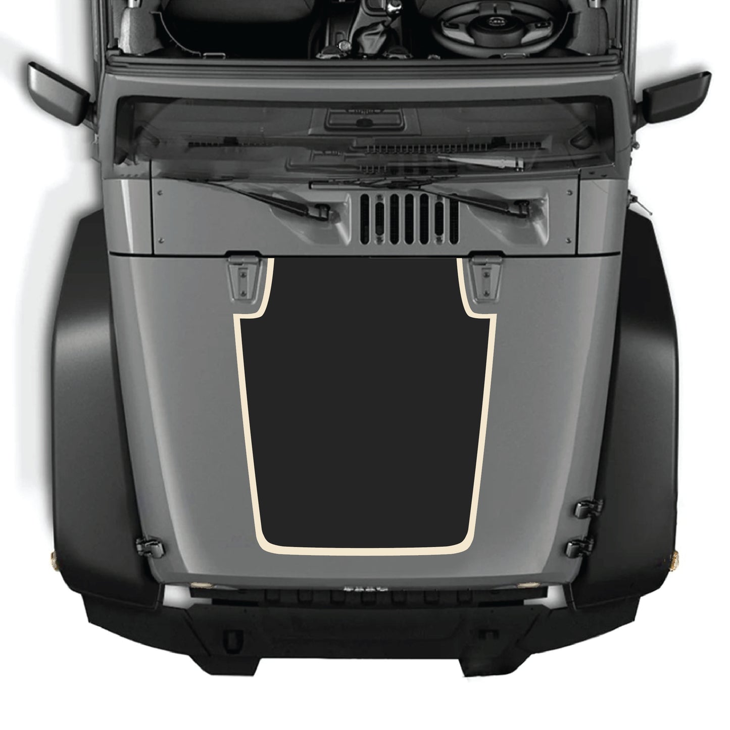 Solid black hood panel decal with border graphic for Jeep Wrangler JK and JKU, made from premium vinyl by CarCode.
