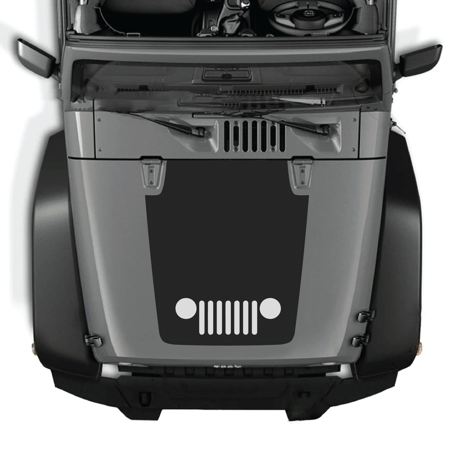 Jeep Wrangler JK hood decal graphic kit by CarCode, featuring a center grill design in premium vinyl for 2007-2018 models.