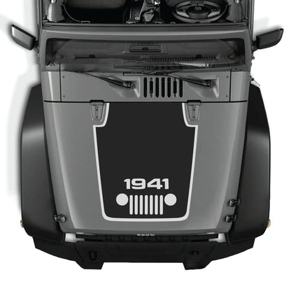 Jeep Wrangler JK JKU hood decal featuring 1941 grill center graphic with border, made of premium vinyl by CarCode.