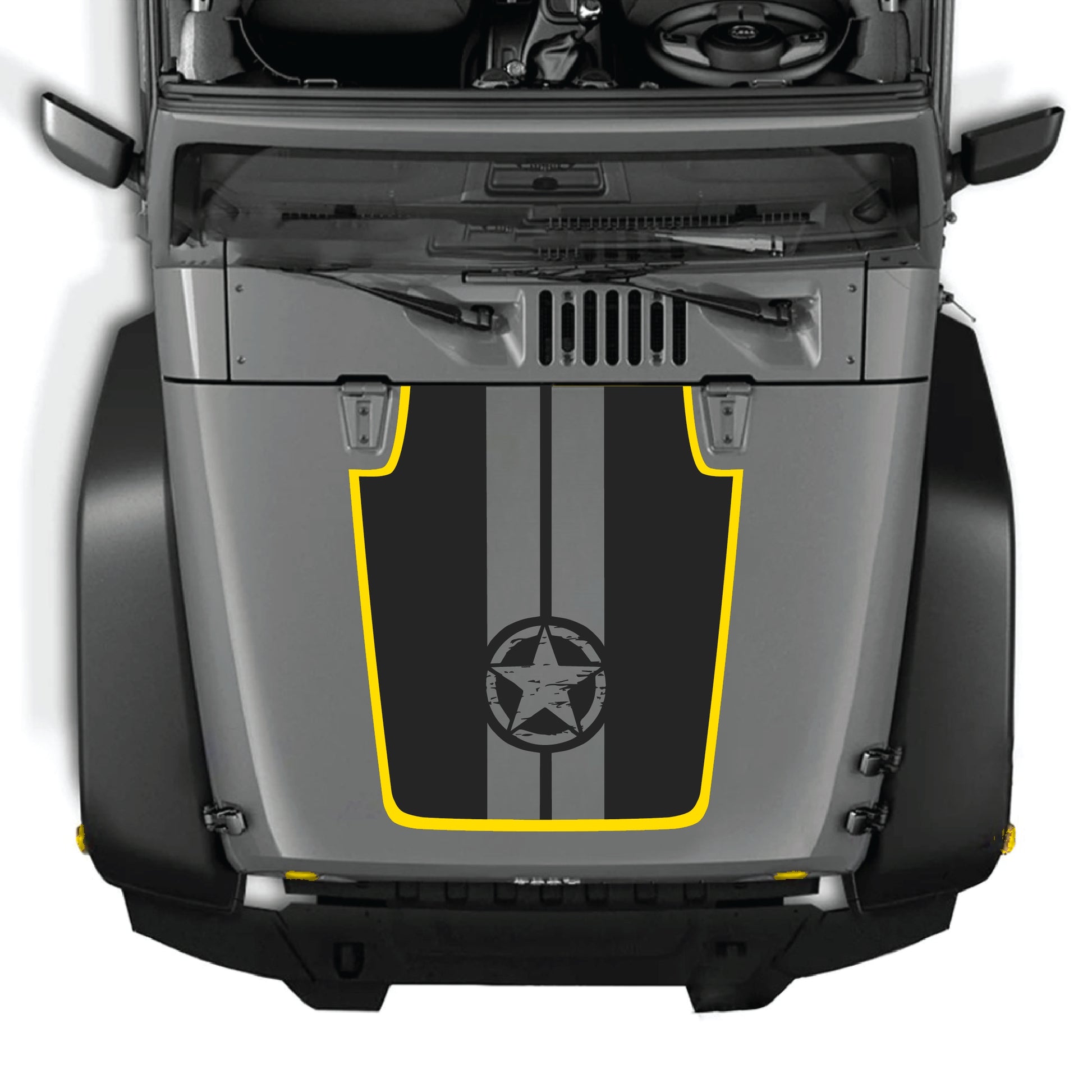 Calcomanía para capó Jeep Wrangler JK con kit gráfico de estrella y franjas en vinilo premium negro, con diseño patriótico audaz.