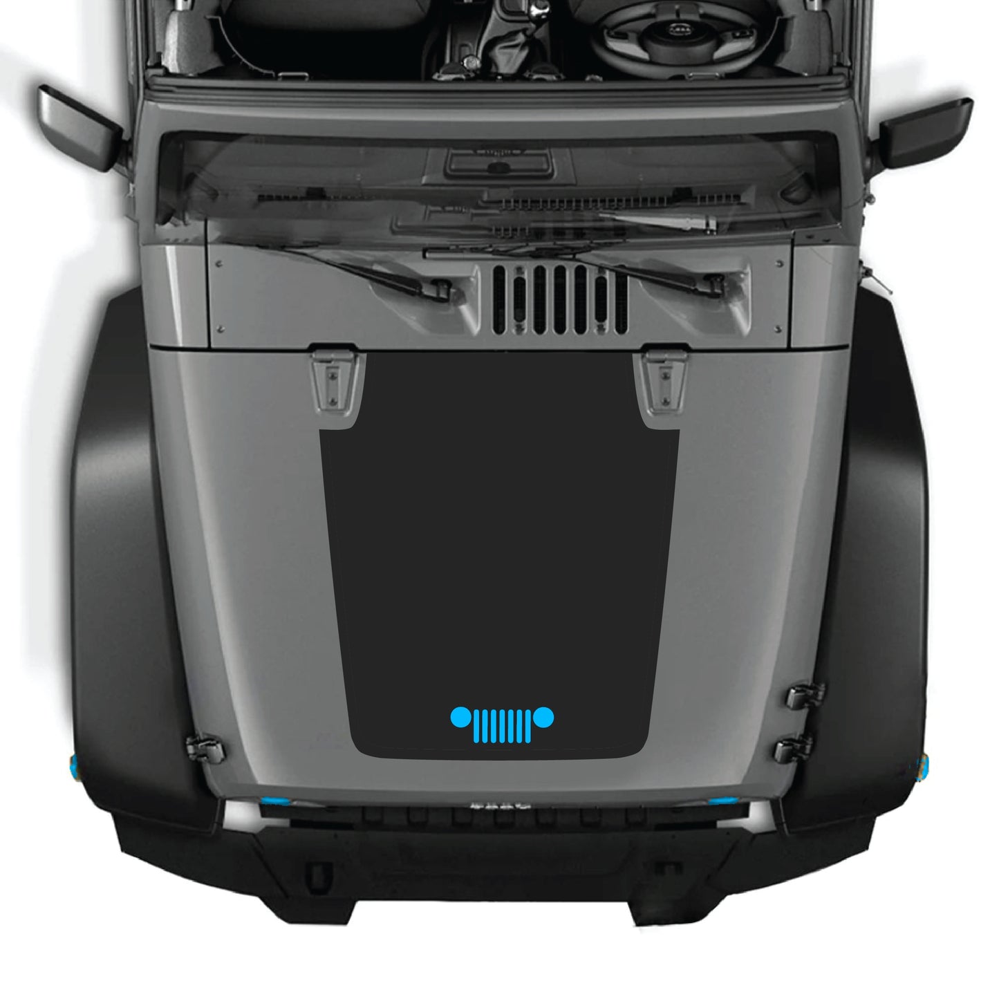 Jeep Wrangler JK hood decal graphic kit with black and gray grill design on premium vinyl, for 2007-2018 models by CarCode.