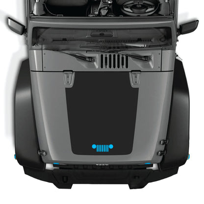 Jeep Wrangler JK hood decal graphic kit with black and gray grill design on premium vinyl, for 2007-2018 models by CarCode.
