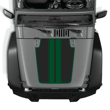 Jeep Wrangler JK JKU hood decal with black and white stripe design and border, made of premium vinyl by CarCode.