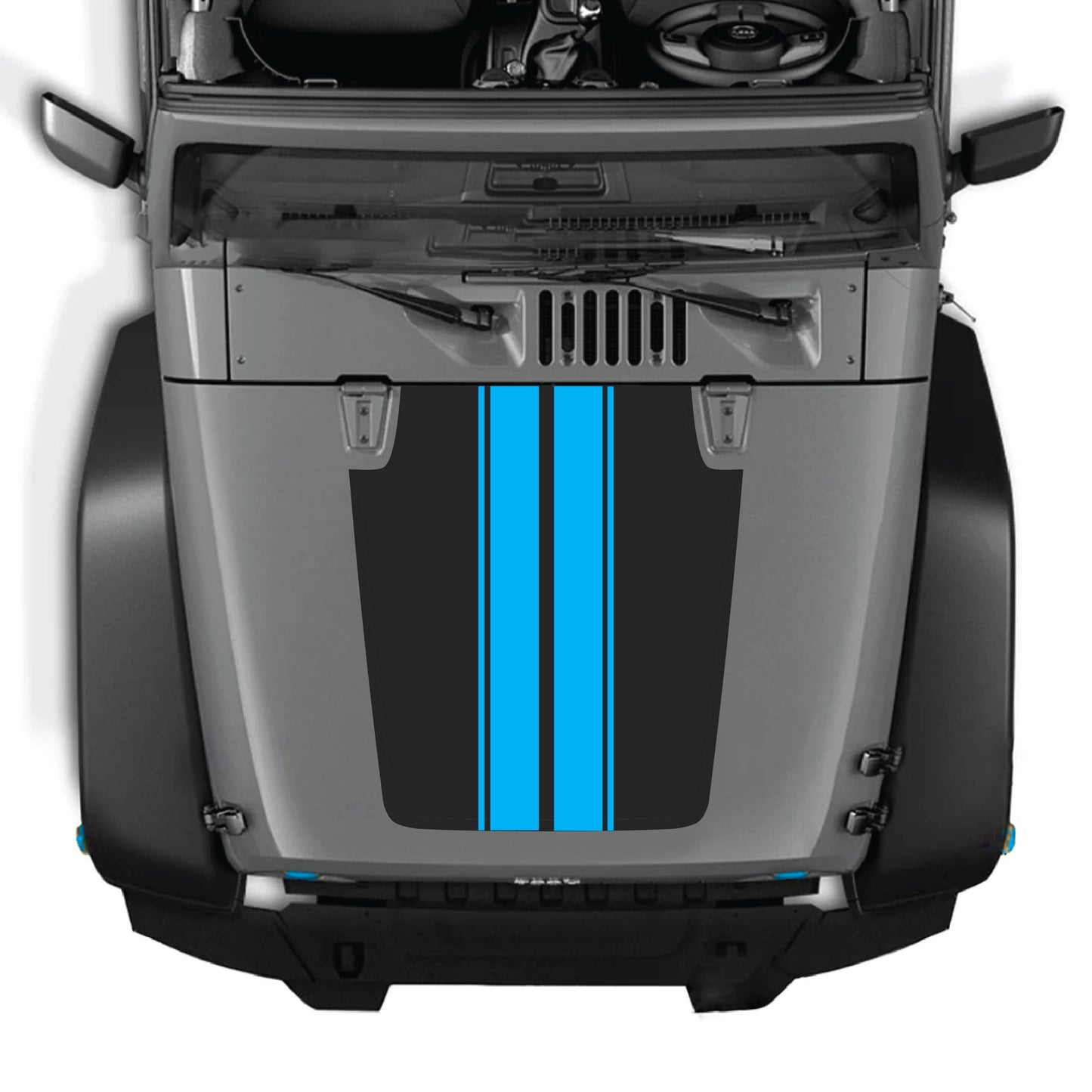 Jeep Wrangler JK JKU hood decal with black stripe graphic kit from CarCode, made of premium vinyl for a stylish look.