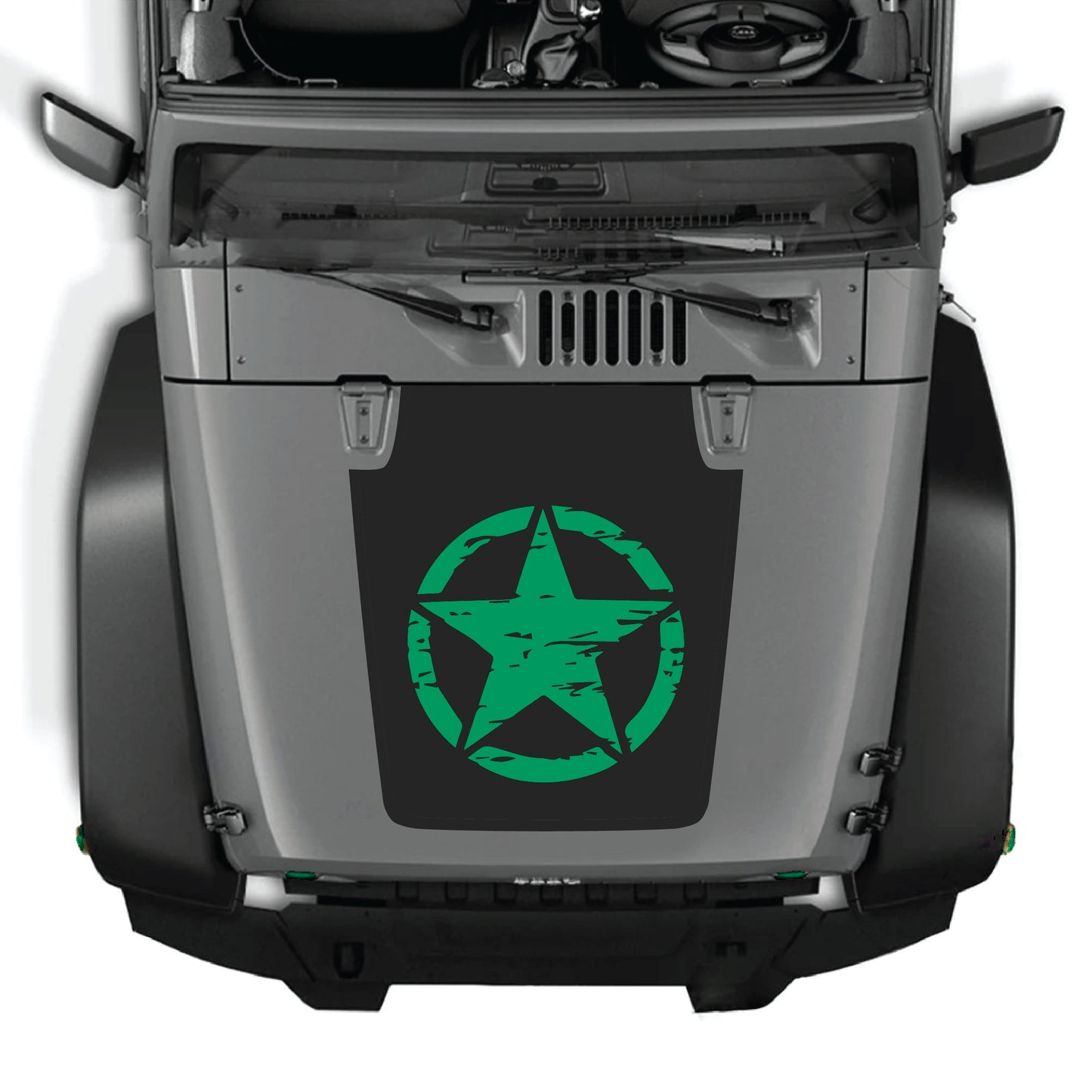 Jeep Wrangler JK JKU hood with full star decal graphic kit in black premium vinyl, featuring bold star shapes and sleek design.