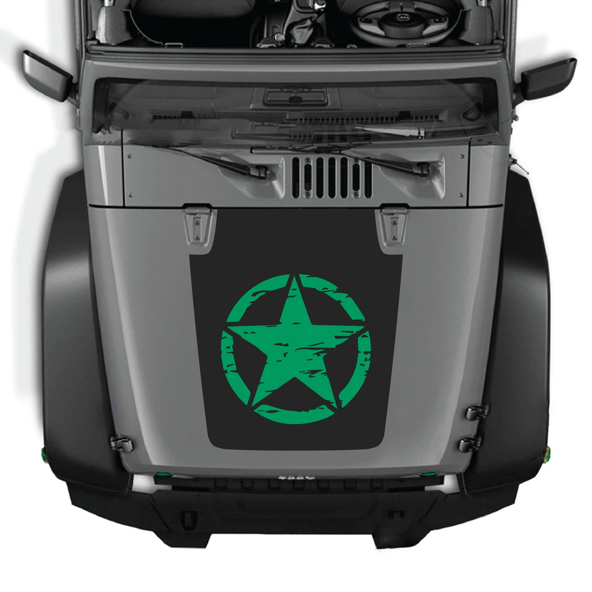 Jeep Wrangler JK JKU hood with full star decal graphic kit in black premium vinyl, featuring bold star shapes and sleek design.