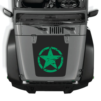 Jeep Wrangler JK JKU hood with full star decal graphic kit in black premium vinyl, featuring bold star shapes and sleek design.