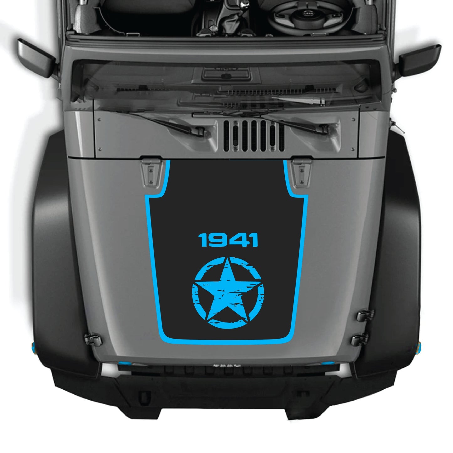 Jeep Wrangler JK JKU hood decal with center star and border graphic in black premium vinyl, designed by CarCode.