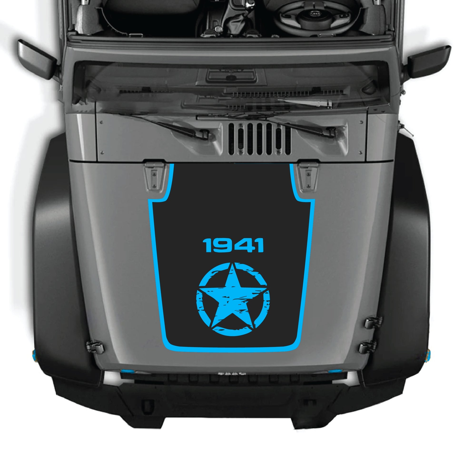 Jeep Wrangler JK JKU hood decal with center star and border graphic in black premium vinyl, designed by CarCode.