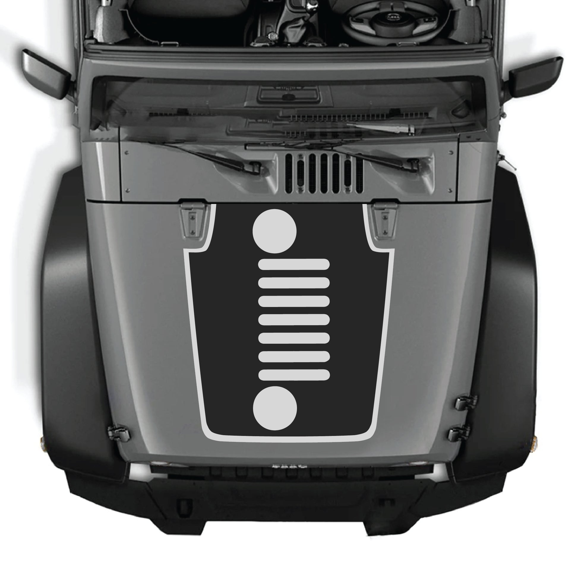 Vertical grill hood decal sticker for Jeep Wrangler JK JKU, premium vinyl CarCode graphic kit with border design.