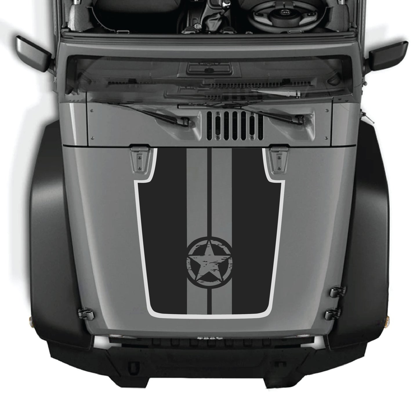 Kit de calcomanías para el capó del Jeep Wrangler JK con gráfico de estrella y franjas en vinilo premium, diseñado para modelos 2007-2018.