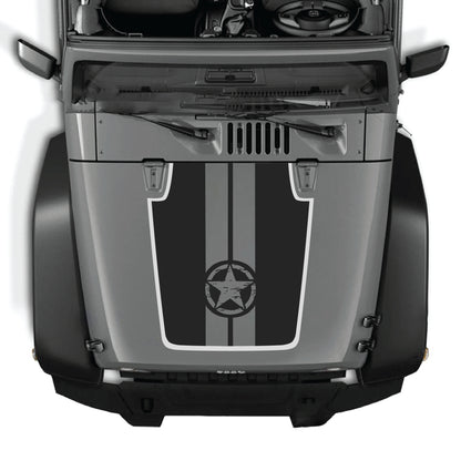 Kit de calcomanías para el capó del Jeep Wrangler JK con gráfico de estrella y franjas en vinilo premium, diseñado para modelos 2007-2018.