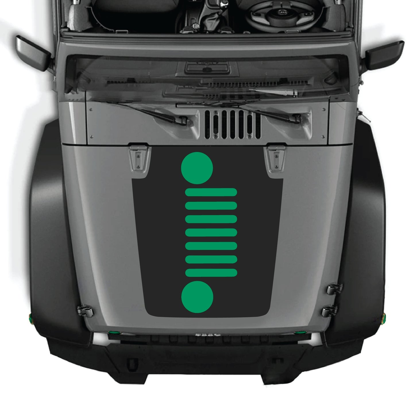 Vertical grill hood decal graphic kit for Jeep Wrangler JK JKU, made of premium vinyl by CarCode, features bold design elements.