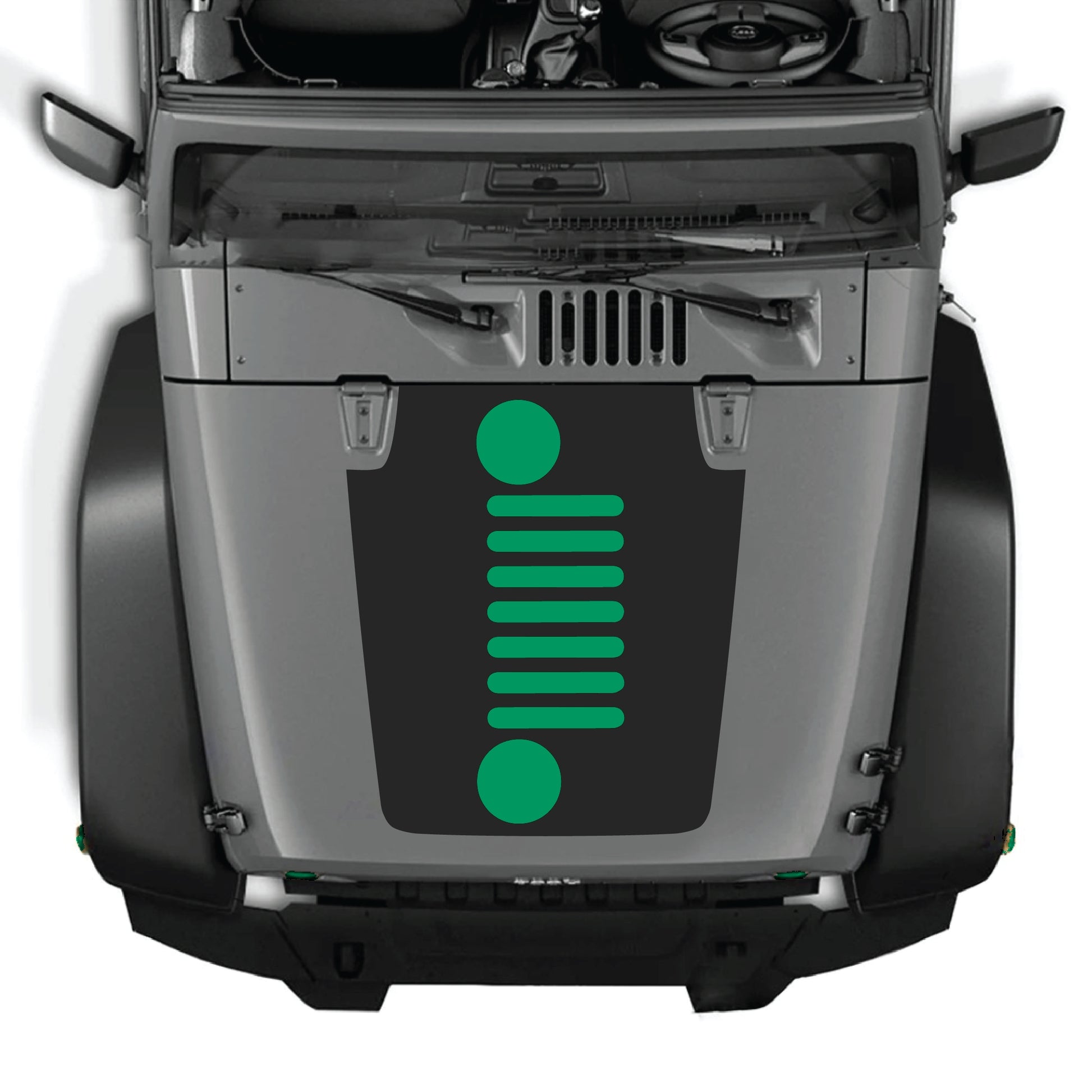 Vertical grill hood decal graphic kit for Jeep Wrangler JK JKU, made of premium vinyl by CarCode, features bold design elements.