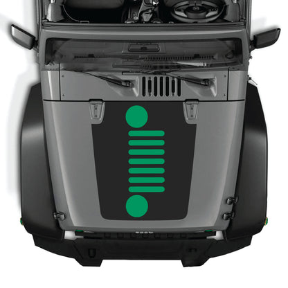 Vertical grill hood decal graphic kit for Jeep Wrangler JK JKU, made of premium vinyl by CarCode, features bold design elements.