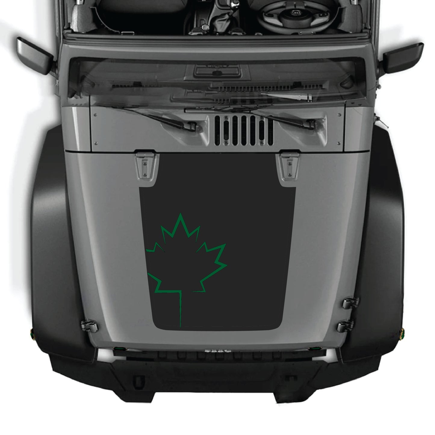 CarCode Jeep Wrangler hood decal with Canada leaf graphic, premium vinyl sticker for JK JKU 2007-2018 off-road vehicle.